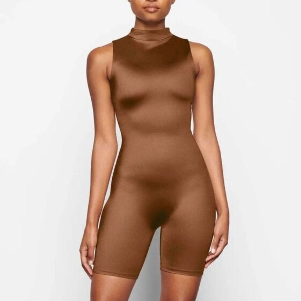 SKIMS | All-in-One Shine Mock Neck Mid-Thigh‎ Onesie Romper Shapewear in Cocoa